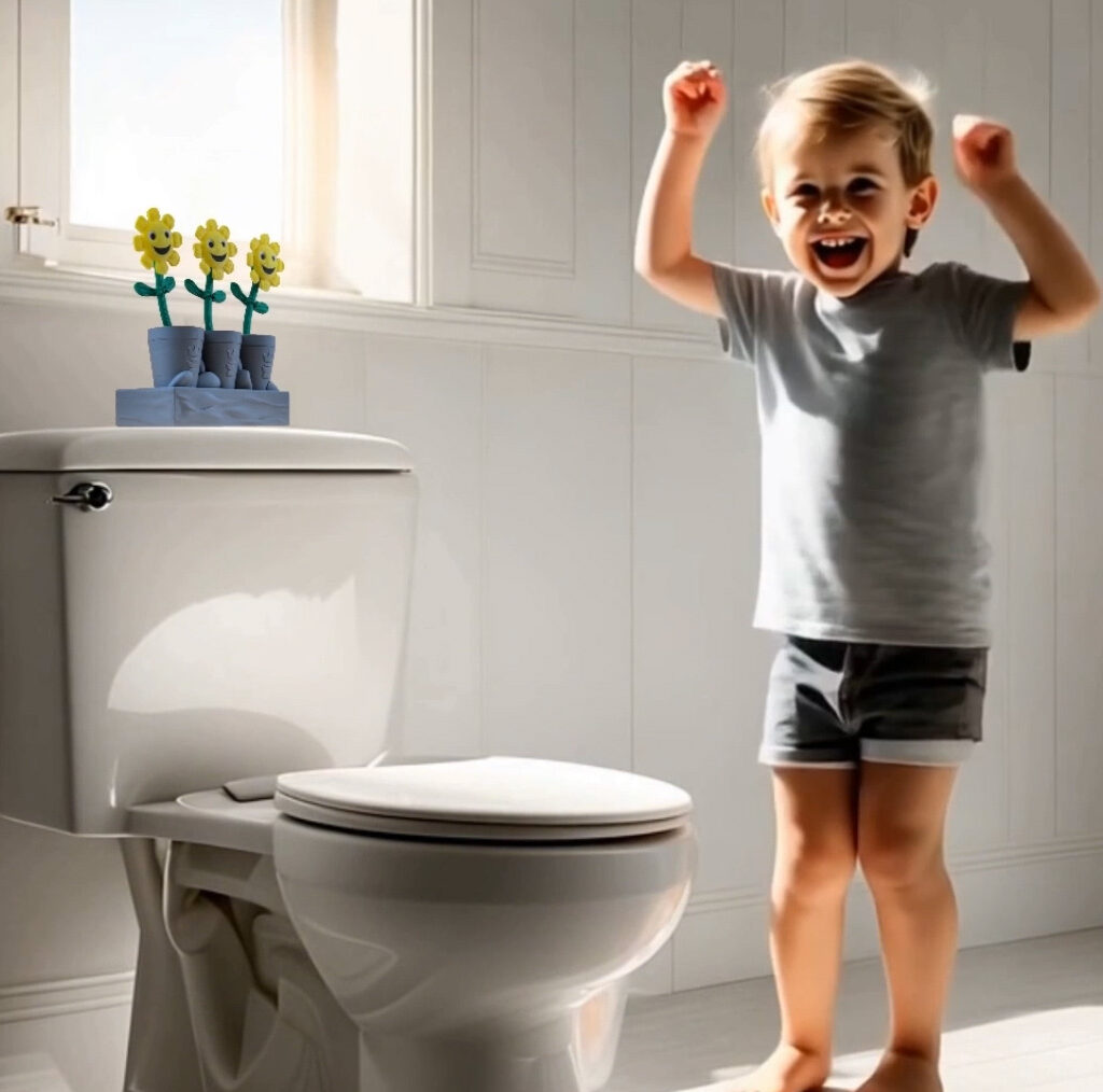Happy Dance Boy with flowers in bathroom